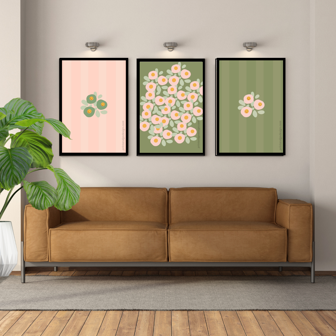 Printable flower wall art in pink green tones. Modern print for any room decor.