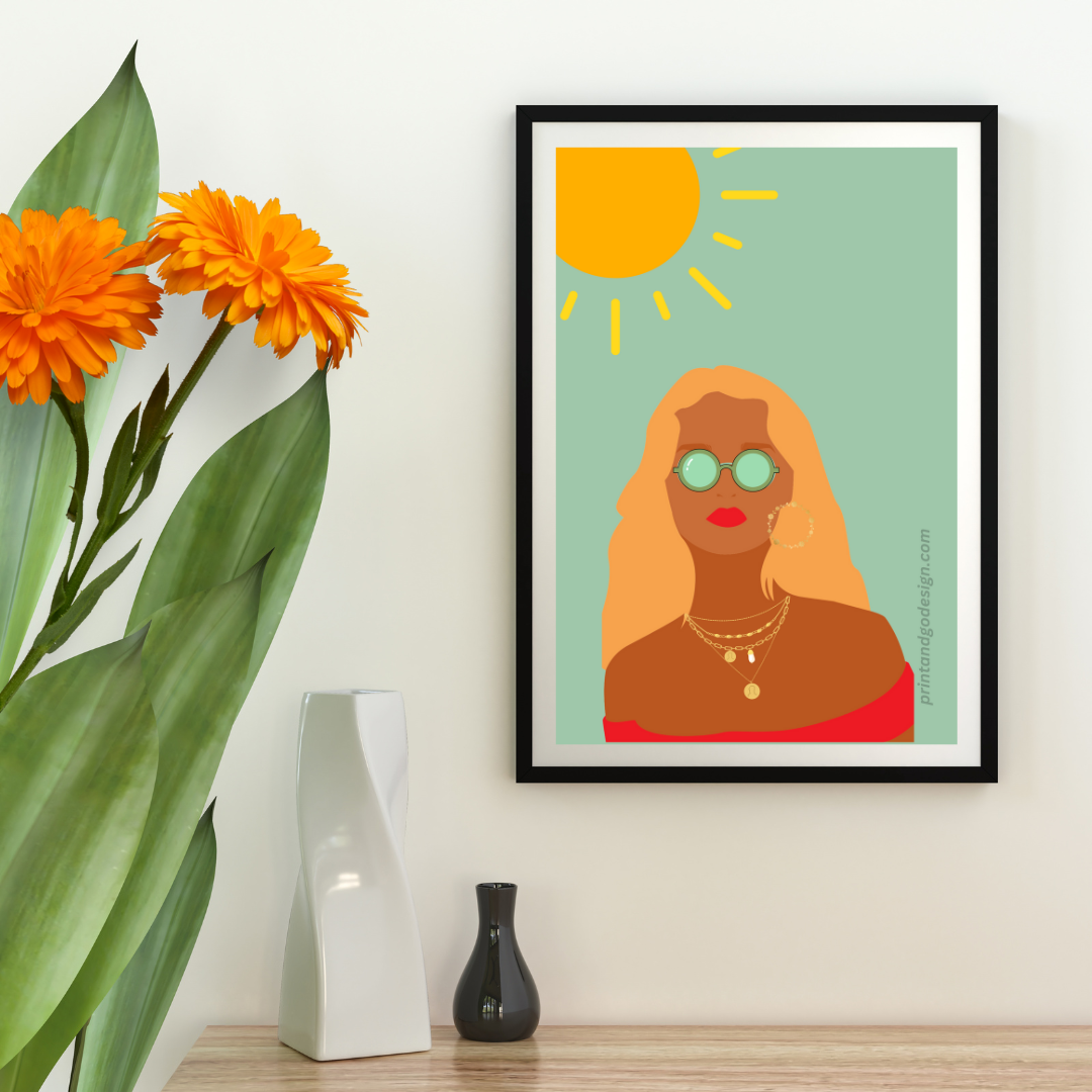 Beautiful Black Woman wall art print in red green tones. Modern print for any room decor