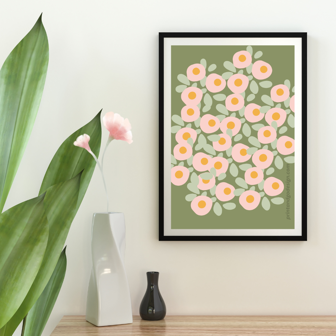 Printable flower wall art in green brown tones in a Vase. Modern print for any room decor.