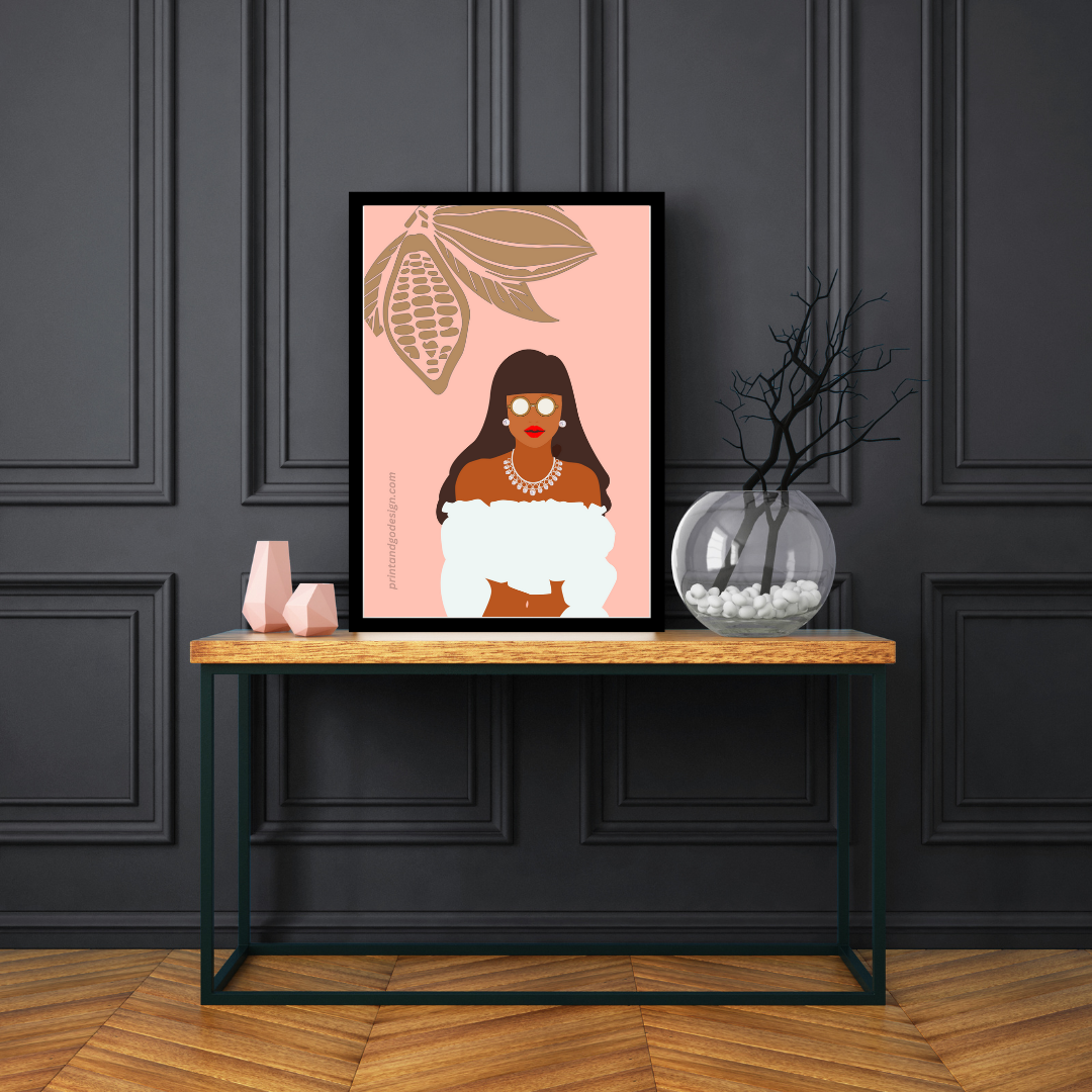 Beautiful Black Woman wall art print in pink white tones. Modern print for any room decor