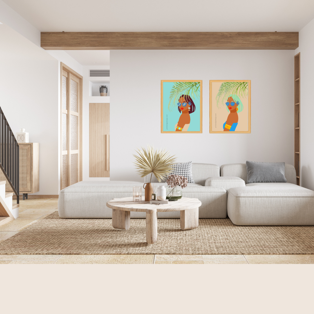 Beautiful Black Woman wall art print- set of 2- in multi tones. Modern print for any room decor