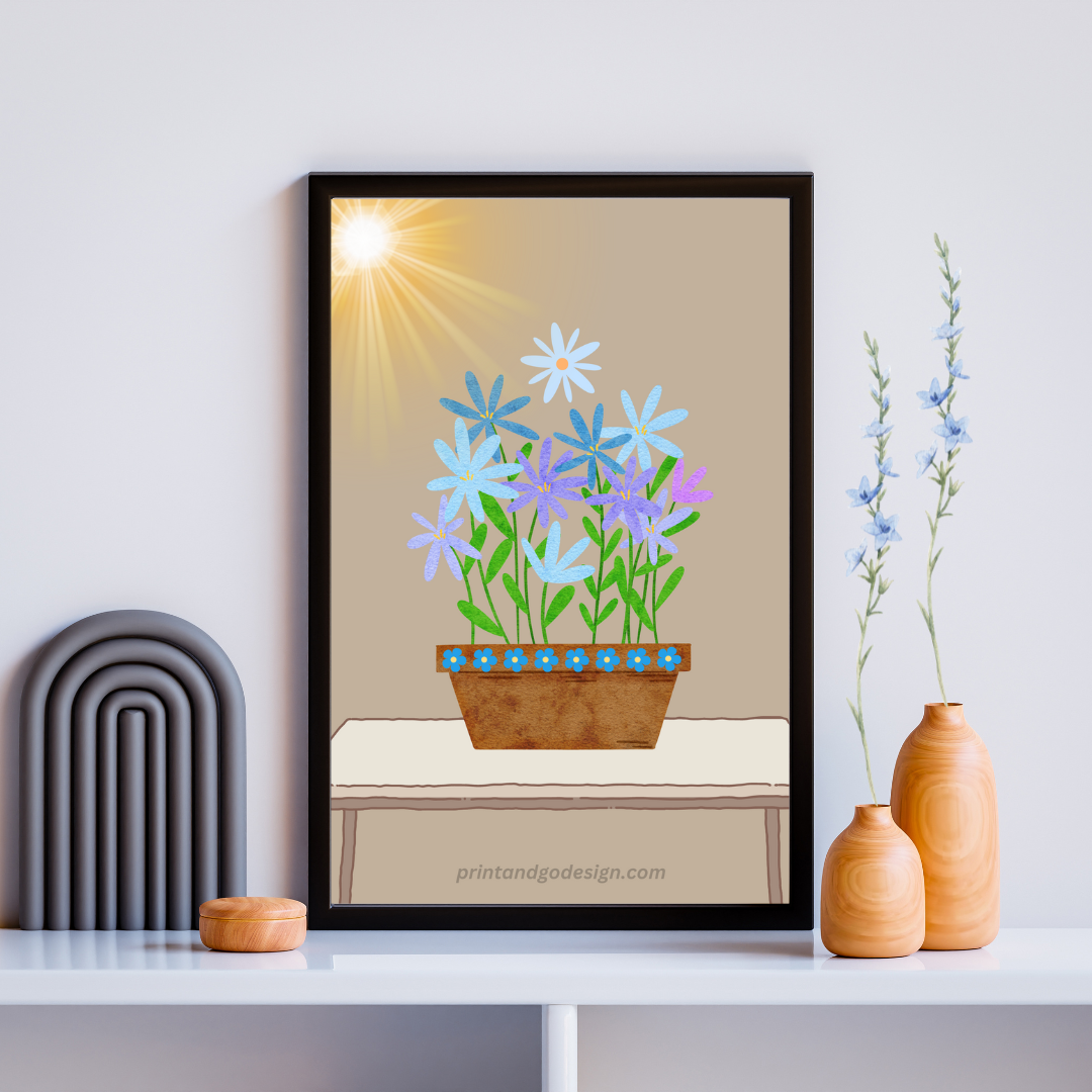 Printable flower wall art in blue beige tones in a pot. Modern print for any room decor.