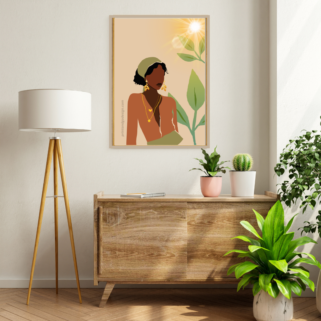 Beautiful Black Woman wall art print in brown green tones. Modern print for any room decor