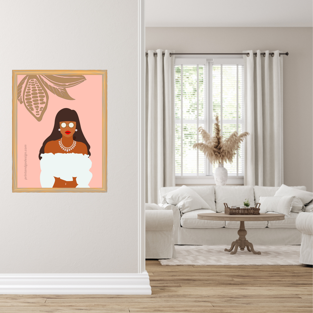 Beautiful Black Woman wall art print in pink white tones. Modern print for any room decor
