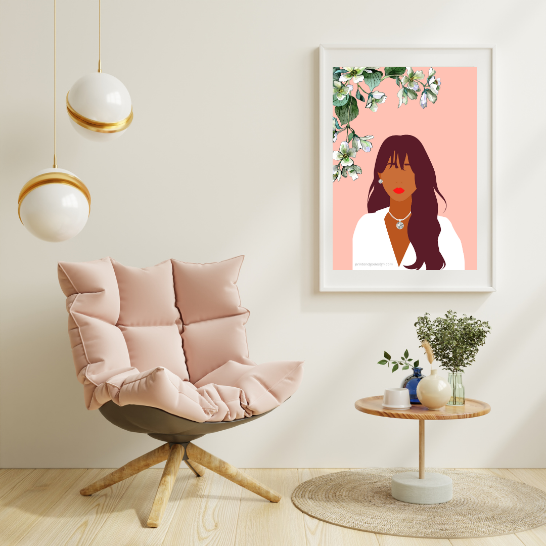 Beautiful Black Woman wall art print in pink white tones. Modern print for any room decor