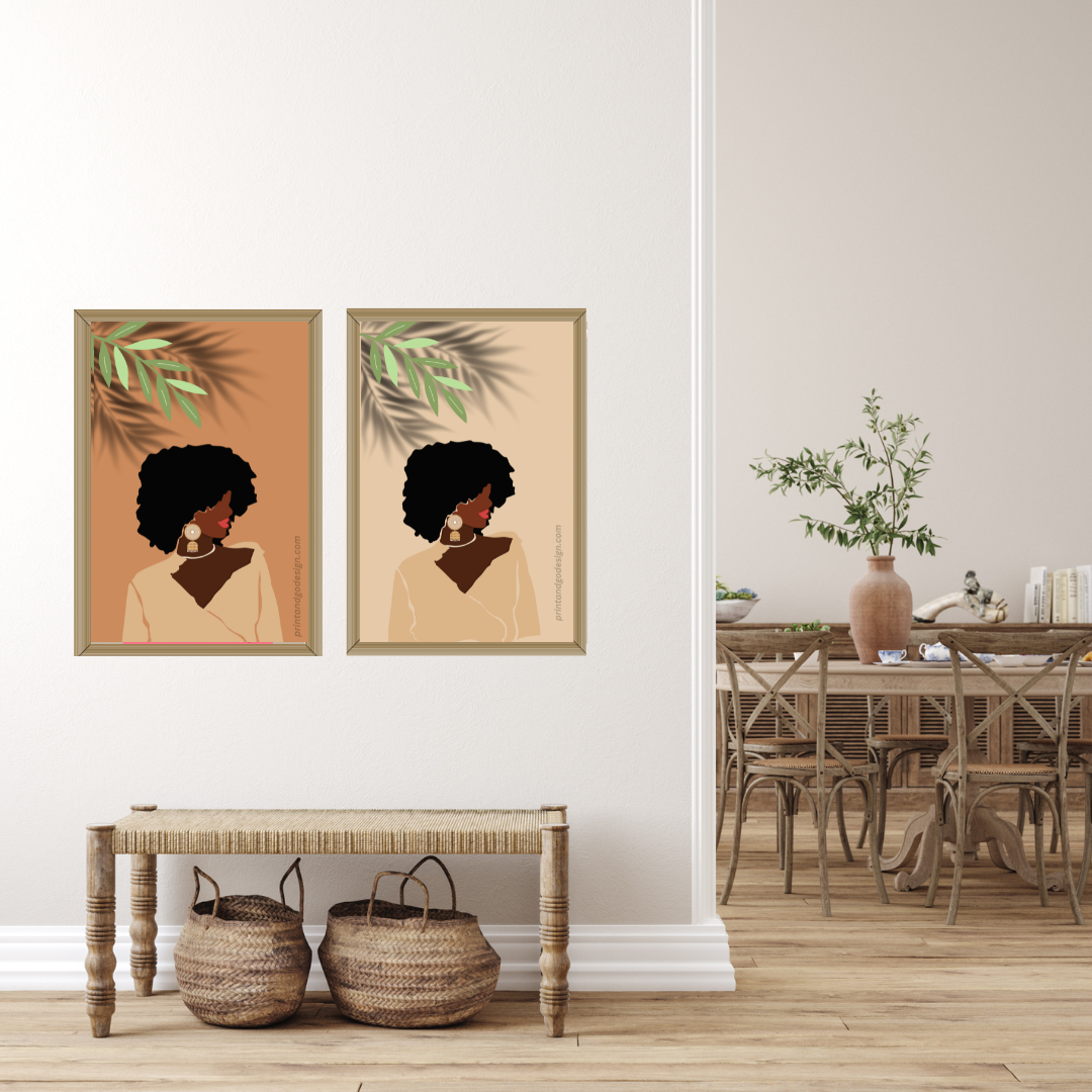 Beautiful Black Woman wall art print- set of 4- in brown beige tones. Modern print for any room decor