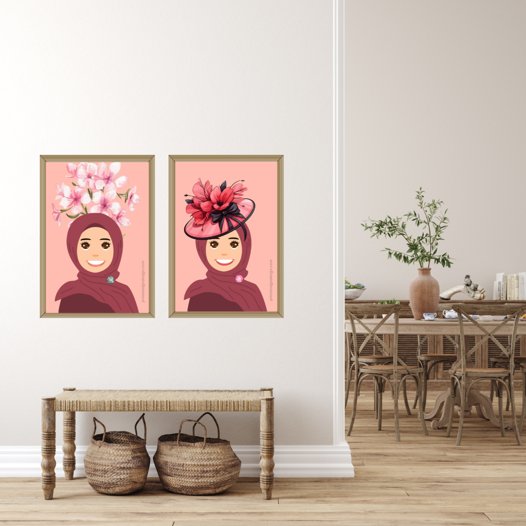 Beautiful Hijab Wall Art print- set of 2- in multi tones, modern print for any room decor
