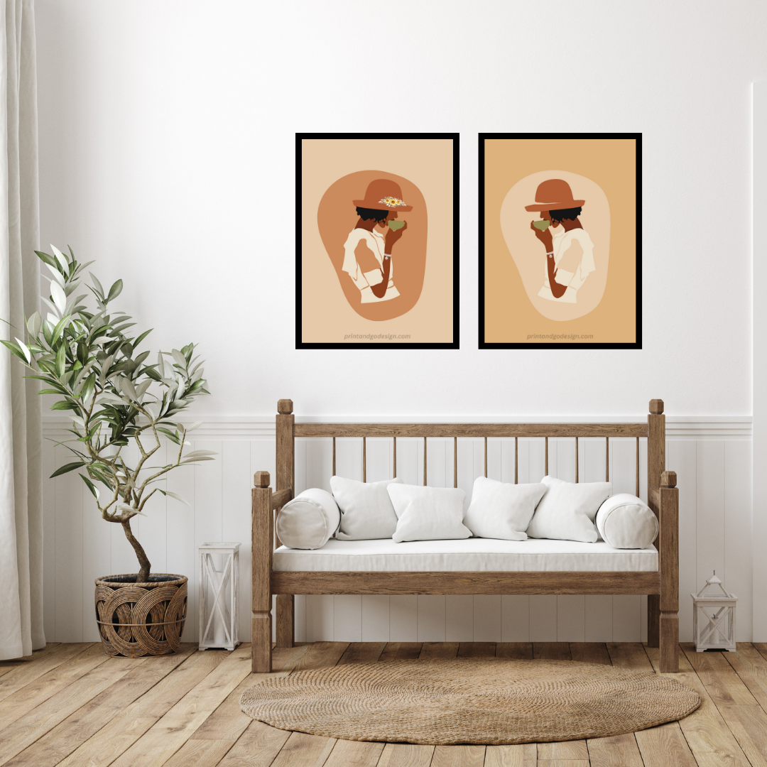 Beautiful Black Woman wall art print - set of 3- in brown beige tones. Modern print for any room decor