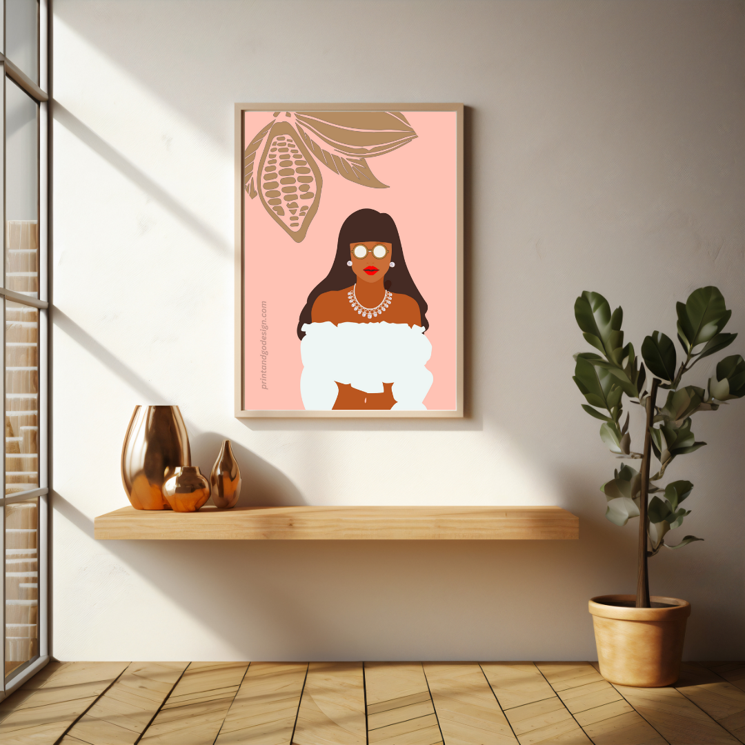 Beautiful Black Woman wall art print in pink white tones. Modern print for any room decor