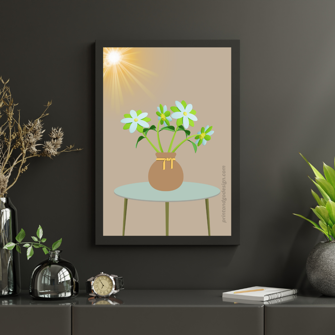 Printable flower wall art in brown green tones in a Vase. Modern print for any room decor.