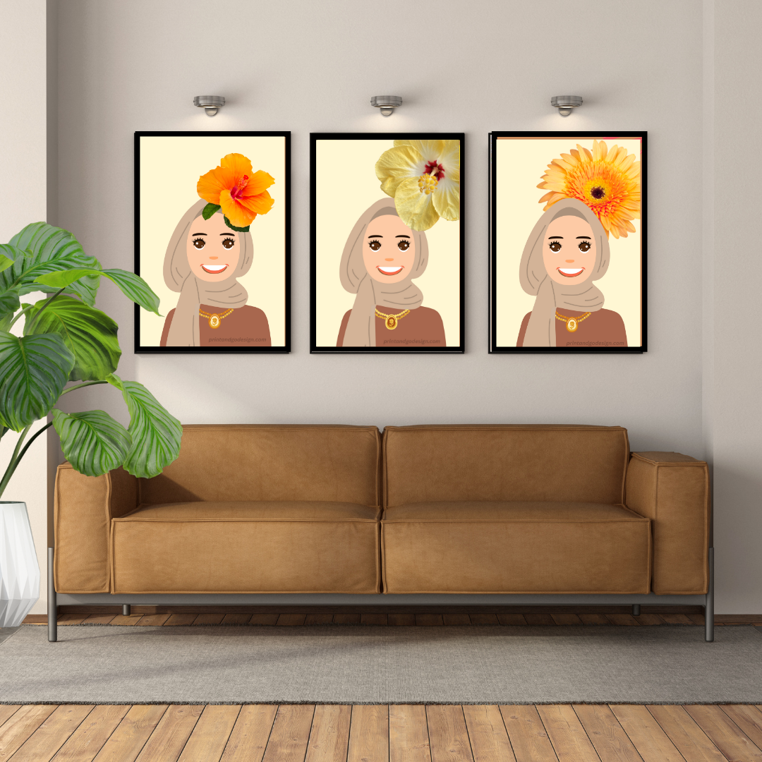 Beautiful Hijab Wall Art print- set of 3- in multi tones, modern print for any room decor