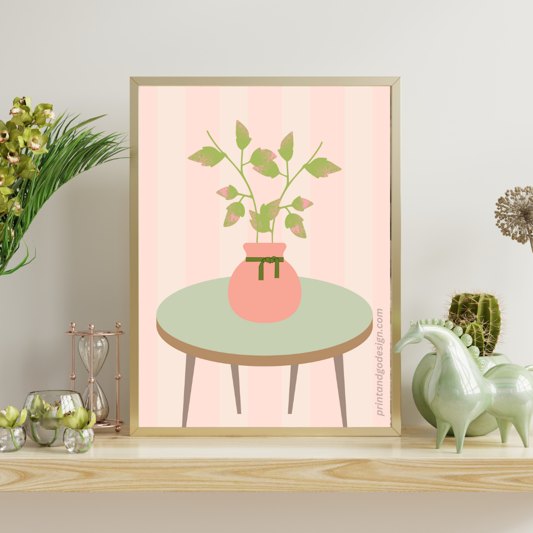 Printable flower wall art in green brown tones in a Vase. Modern print for any room decor.
