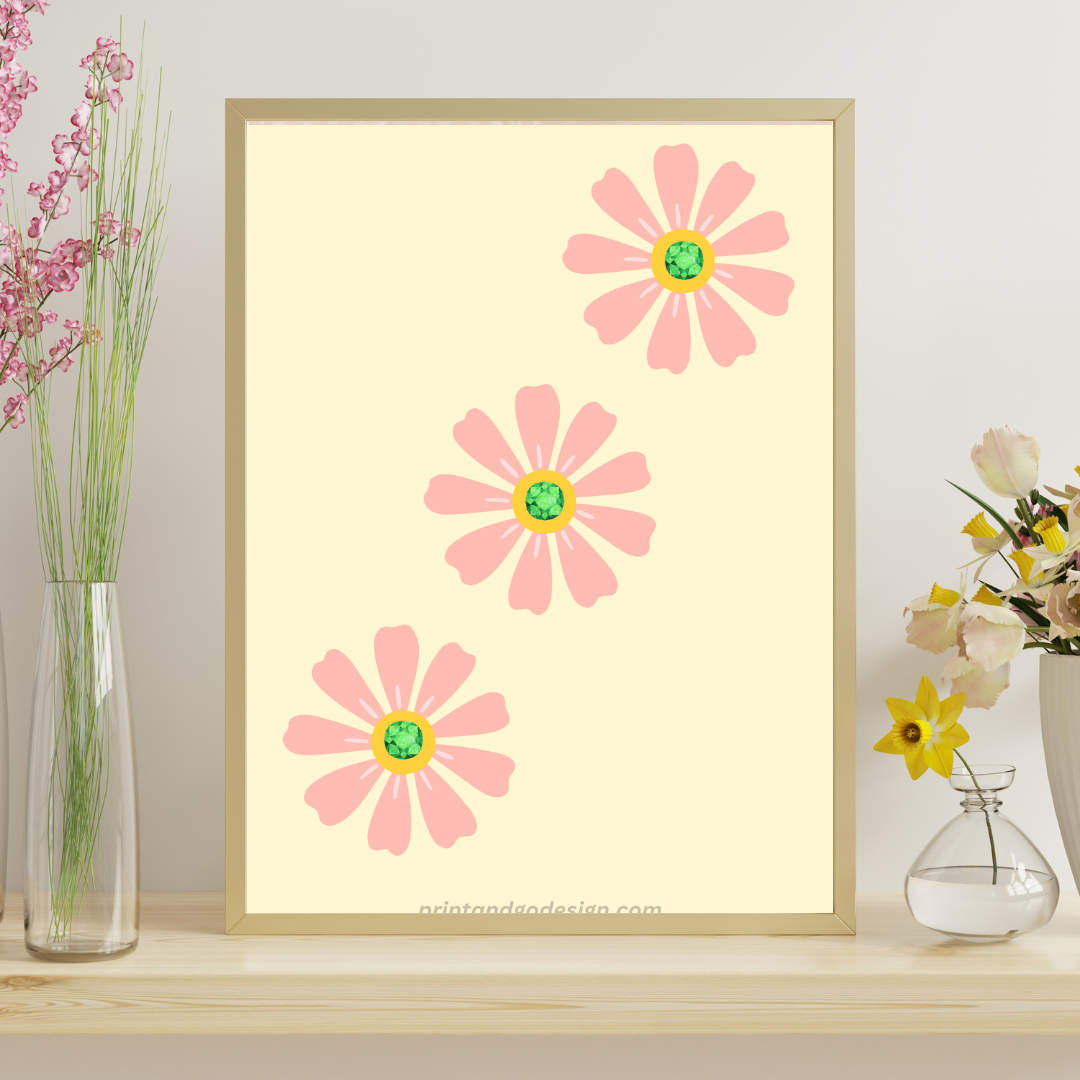 Printable flower wall art in brown pink yellow tones. Modern print for any room decor.