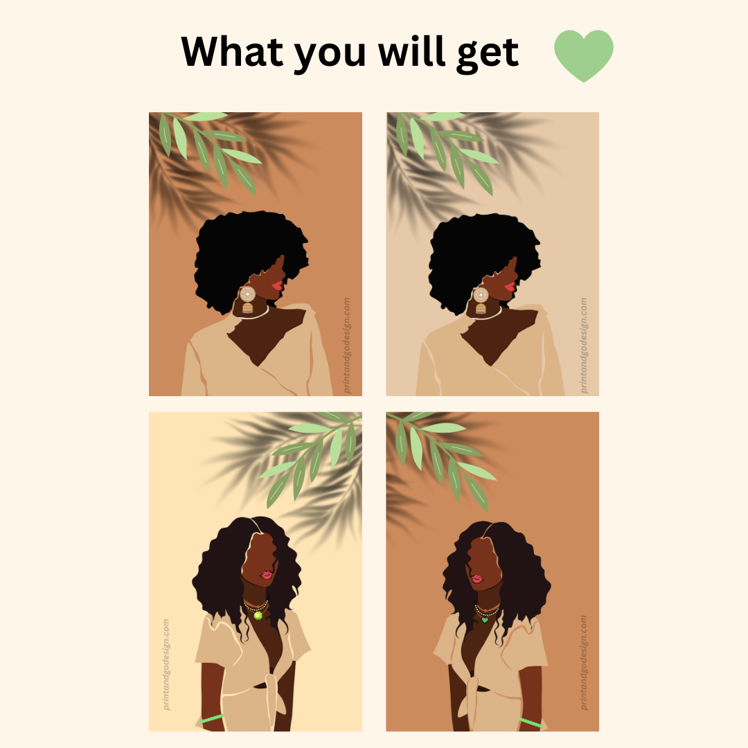 Beautiful Black Woman wall art print- set of 4- in brown beige tones. Modern print for any room decor