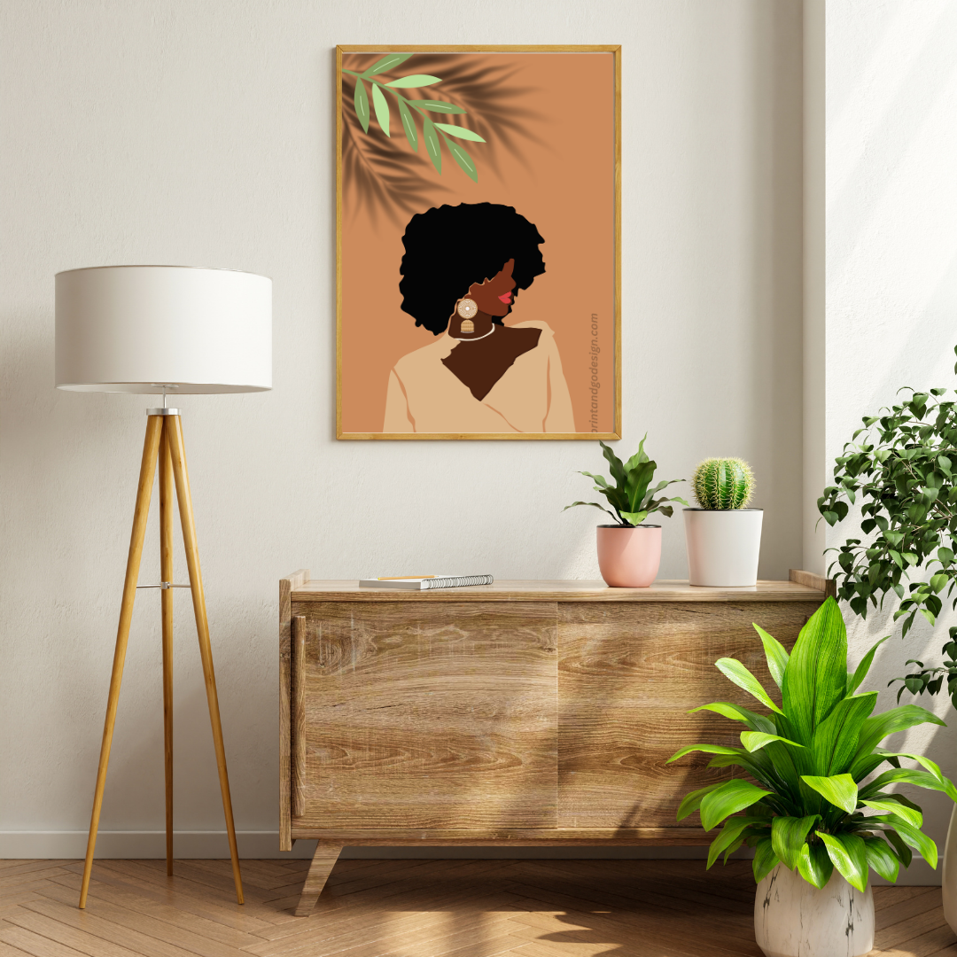 Beautiful Black Woman wall art print- set of 4- in brown beige tones. Modern print for any room decor