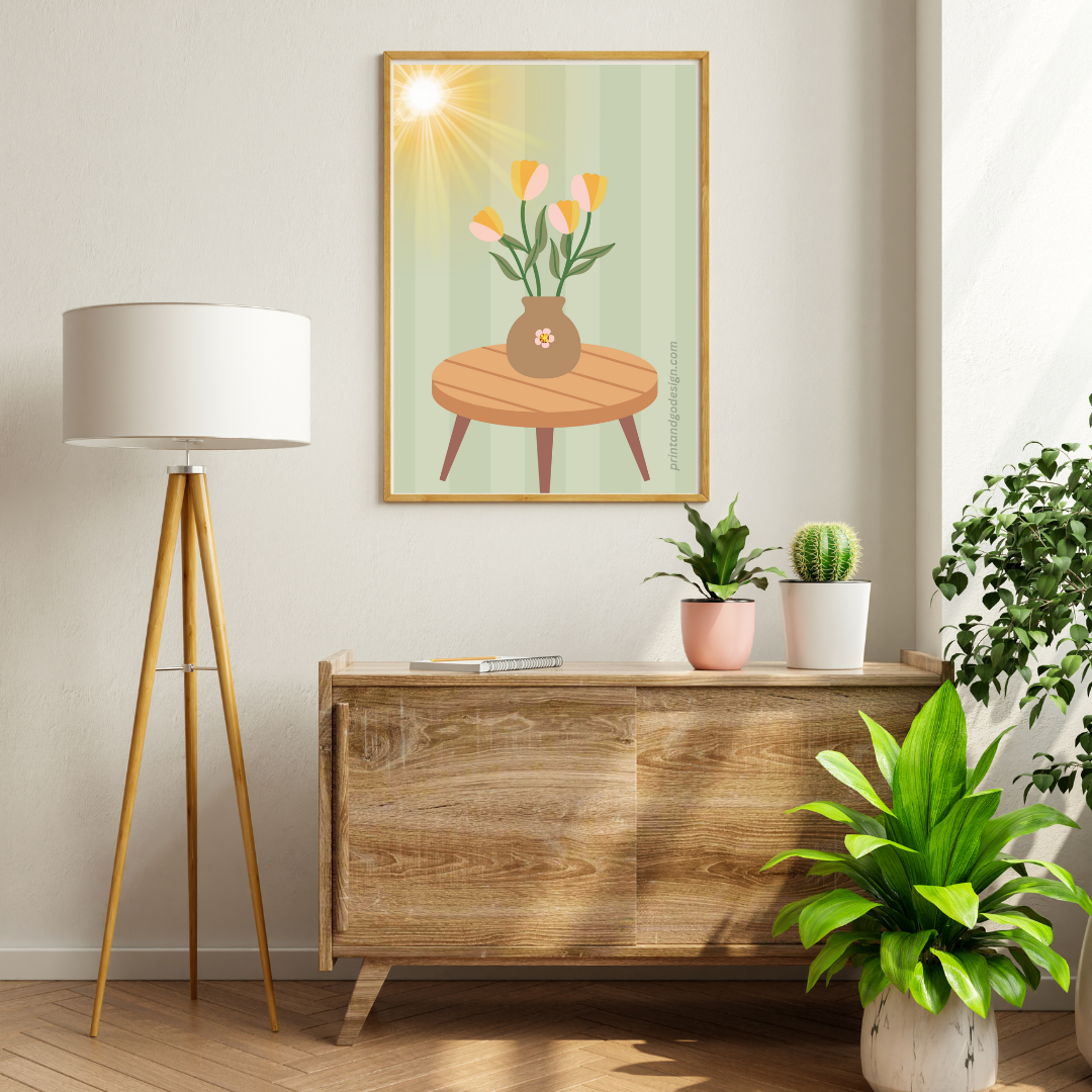 Printable flower wall art in green brown tones in a Vase. Modern print for any room decor.