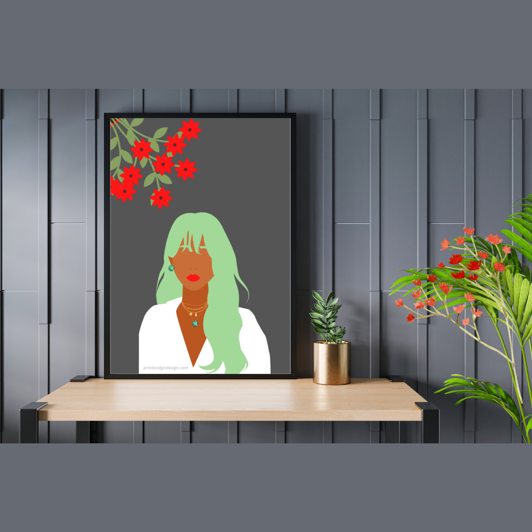 Beautiful Black Woman wall art print in white green tones. Modern print for any room decor