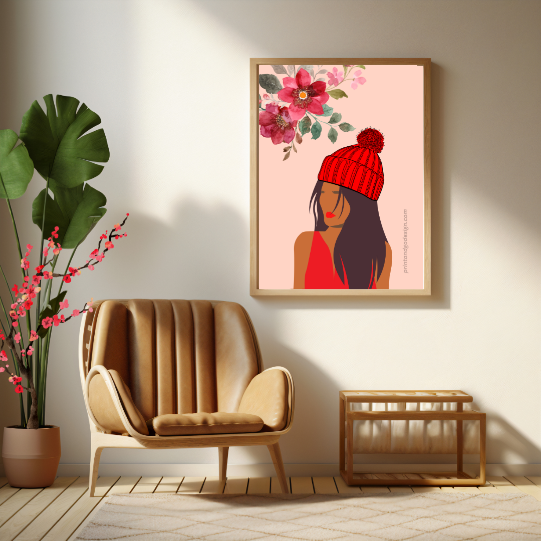 Beautiful Black Woman wall art print in red pink tones. Modern print for any room decor