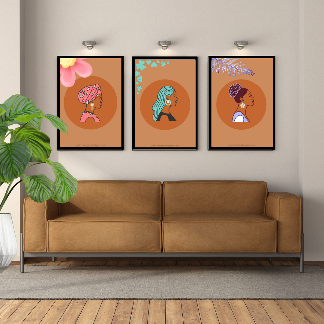 Beautiful Black Woman wall art print - set of 3- in multi tones. Modern print for any room decor