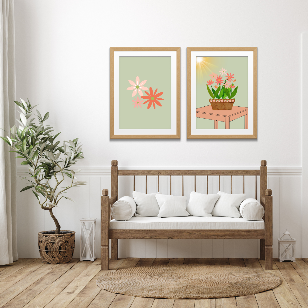 Printable flower wall art - set of 2- in green pink tones. Modern print for any room decor.