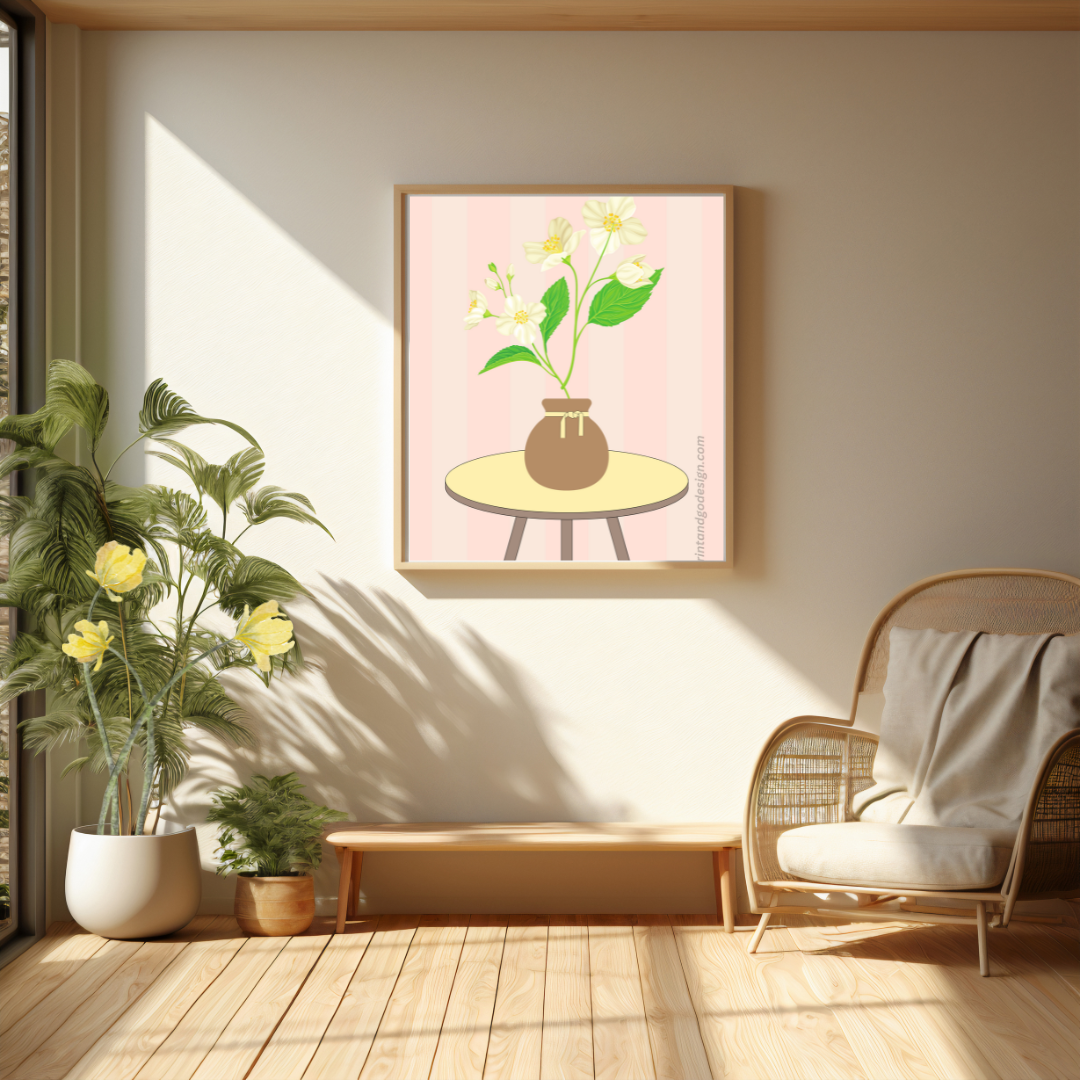 Printable flower wall art in yellow pink tones in a Vase. Modern print for any room decor.