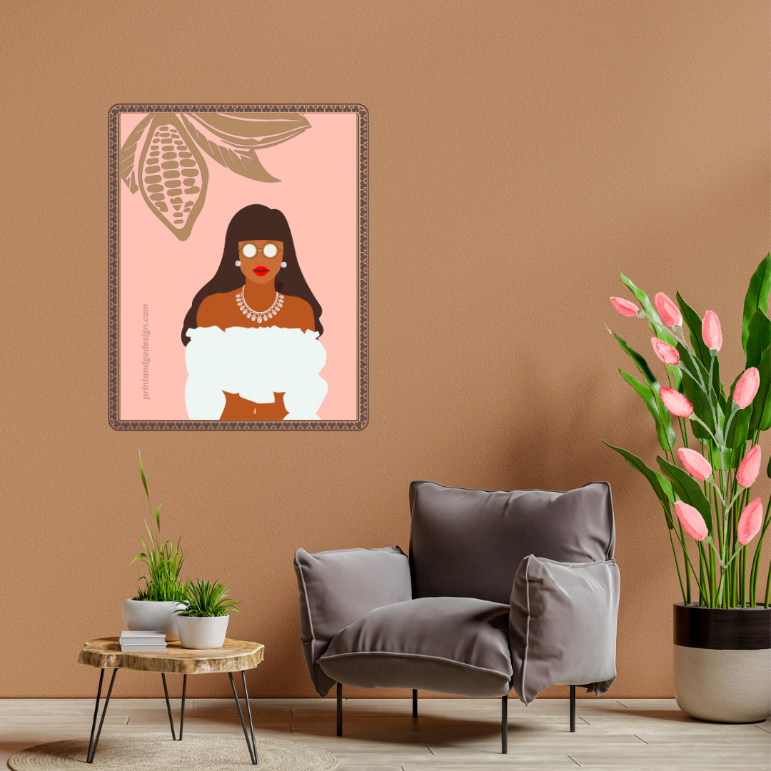 Beautiful Black Woman wall art print in pink white tones. Modern print for any room decor