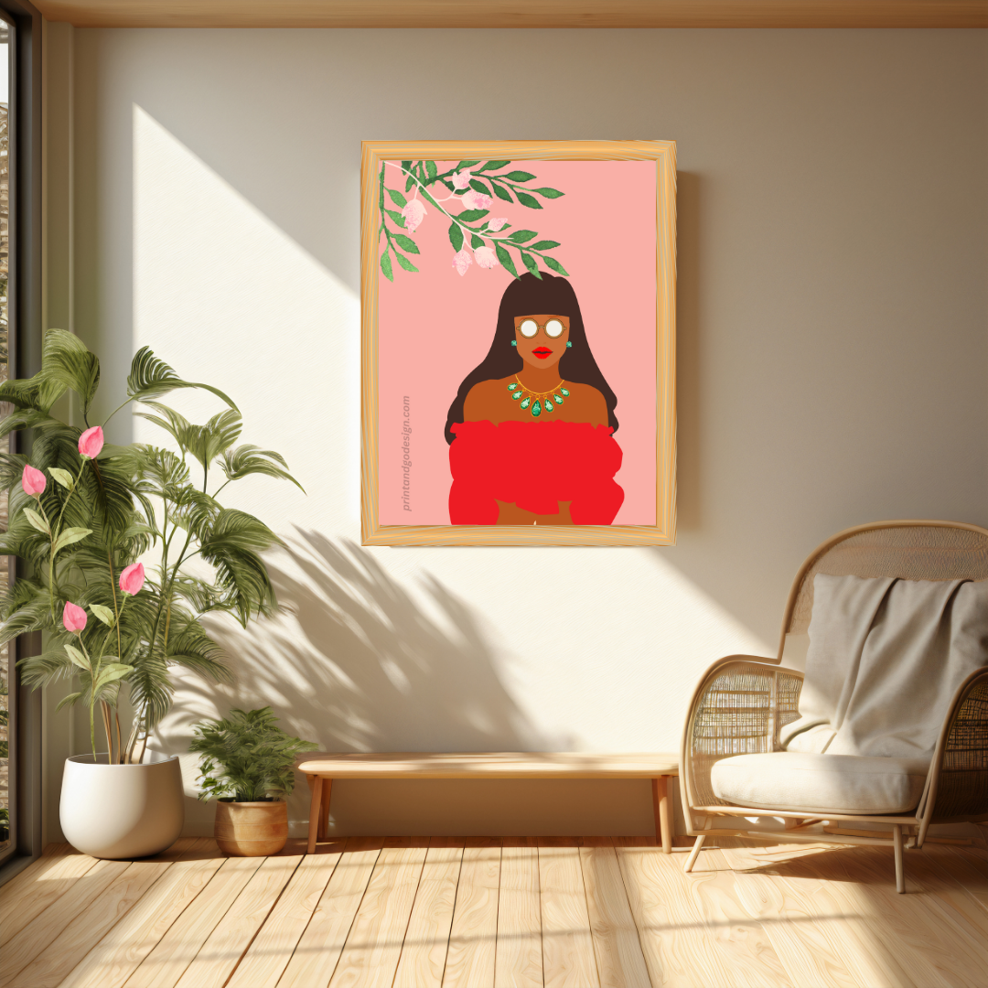 Beautiful Black Woman wall art print in red pink tones. Modern print for any room decor