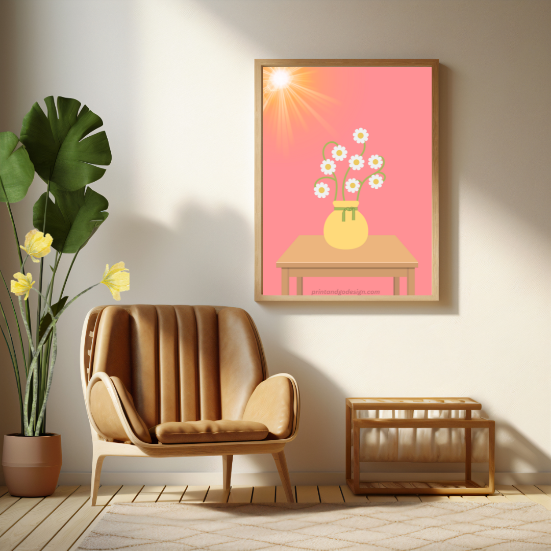 Printable flower wall art in yellow pink tones in a Vase. Modern print for any room decor.