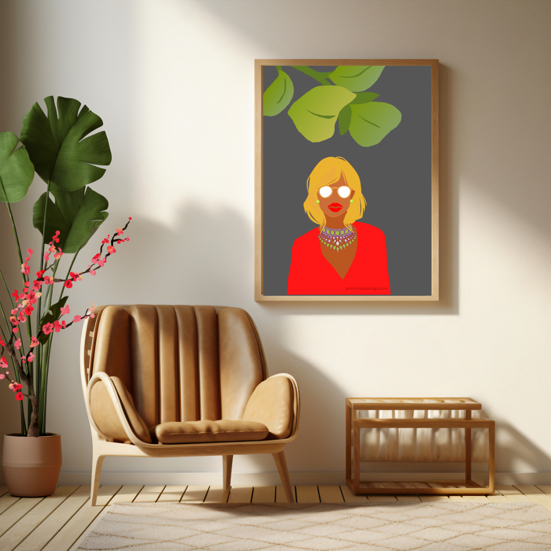 Beautiful Black Woman wall art print in red yellow tones. Modern print for any room decor