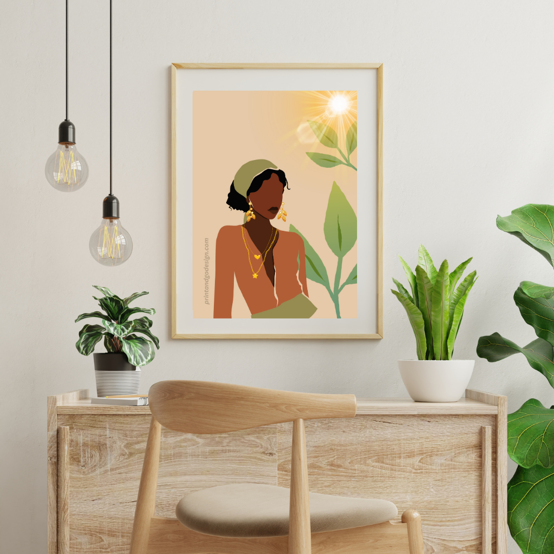 Beautiful Black Woman wall art print in brown green tones. Modern print for any room decor