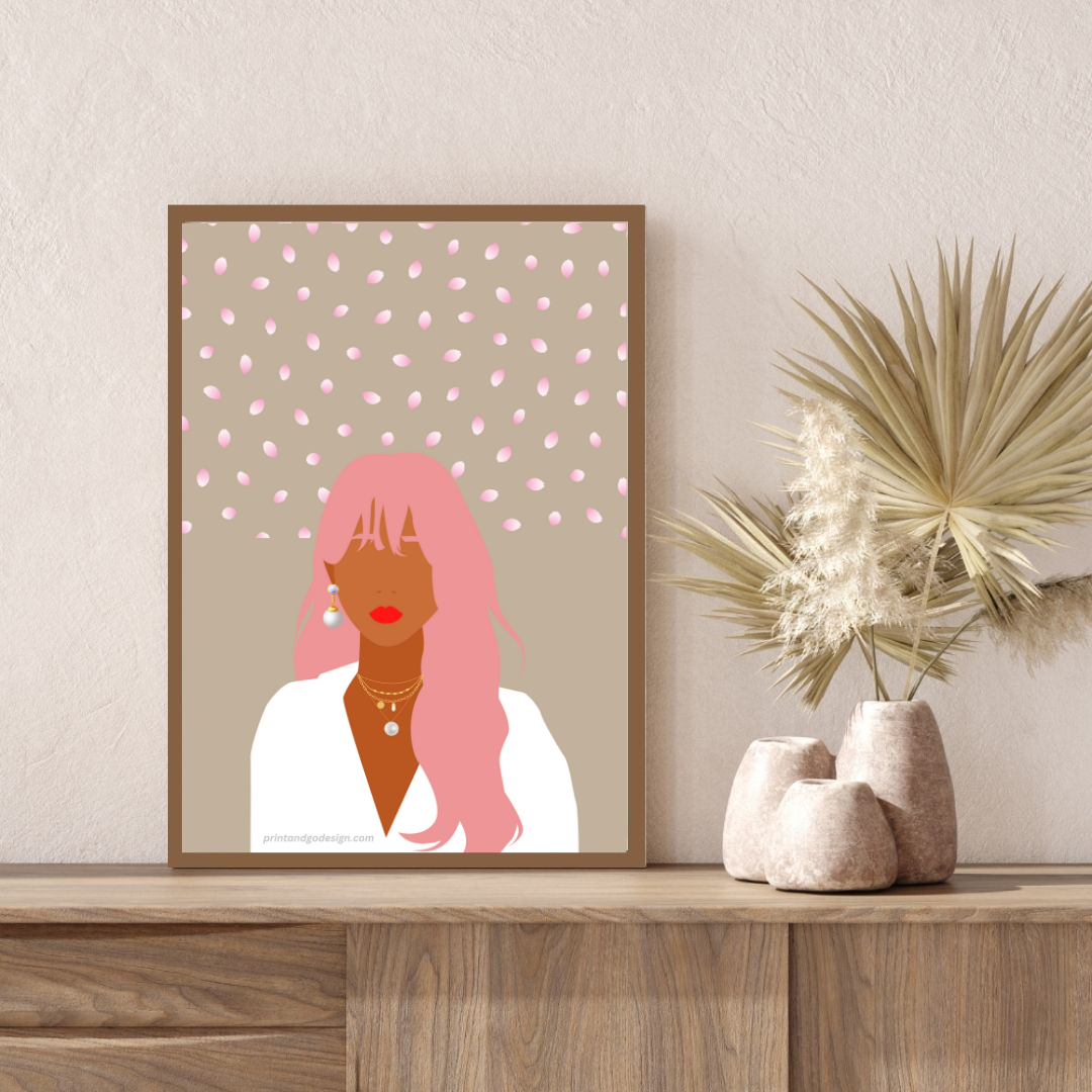 Beautiful Black Woman wall art print in pink beige tones. Modern print for any room decor