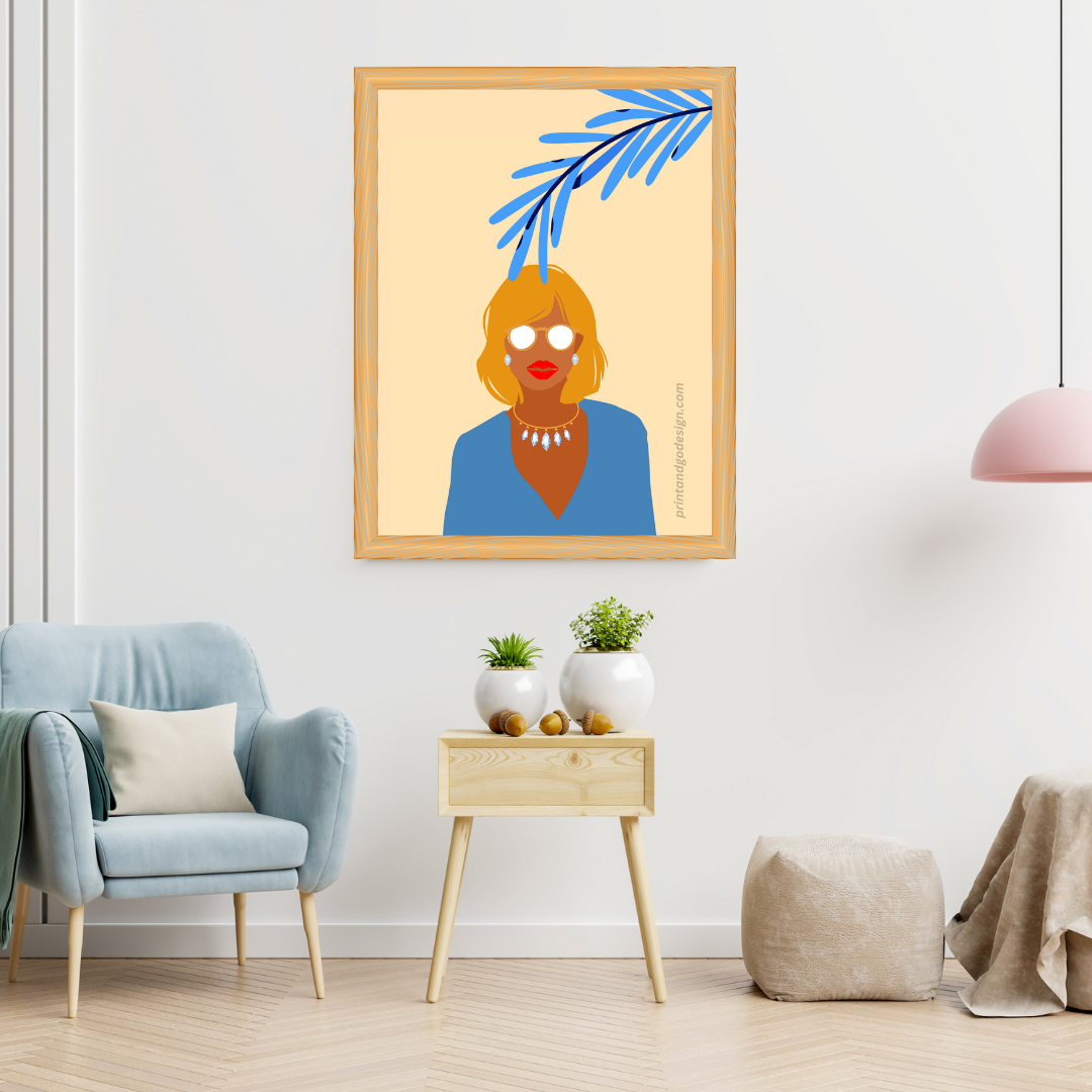 Beautiful Black Woman wall art print - set of three - in blue orange tones. Modern print for any room decor