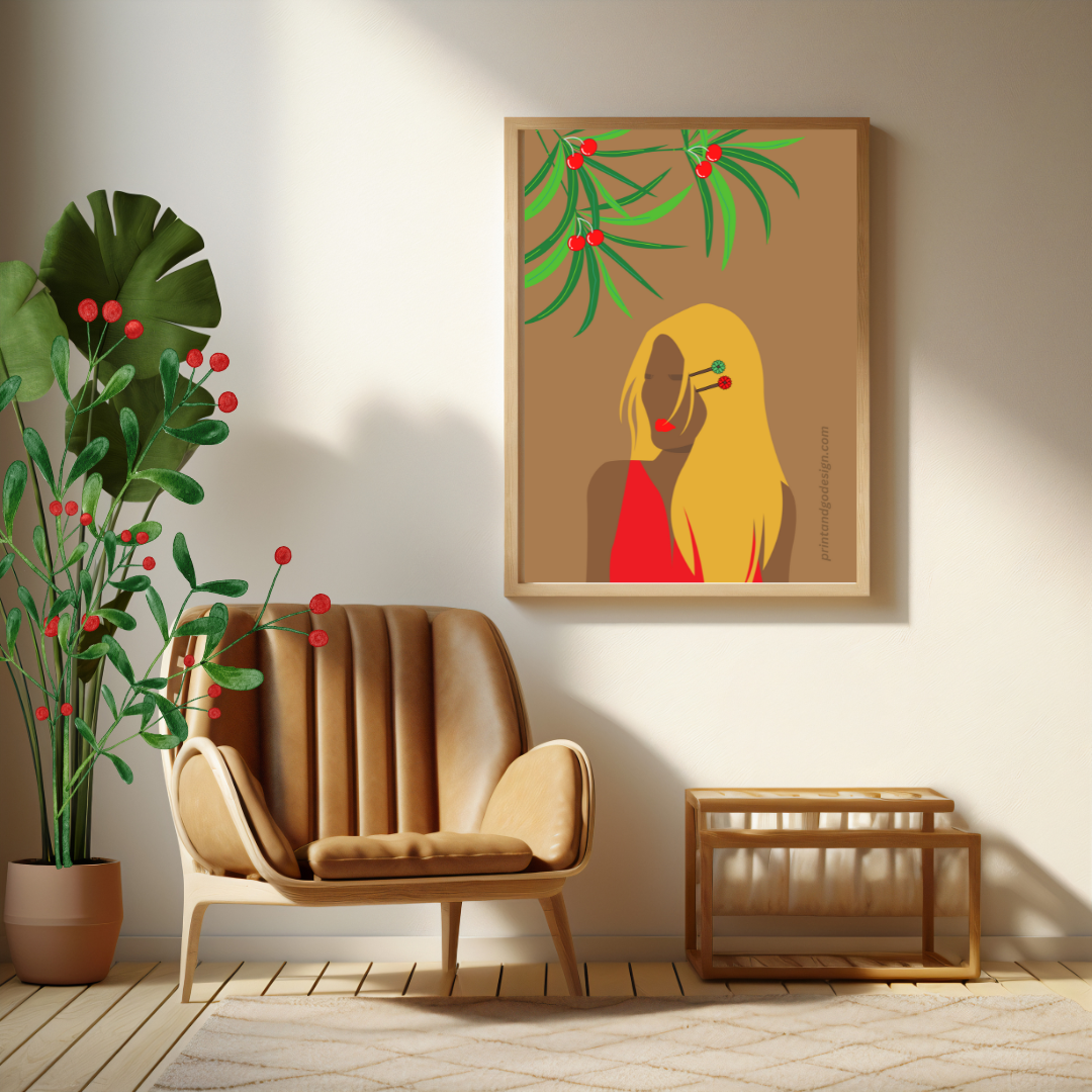 Beautiful Black Woman wall art print in red yellow tones. Modern print for any room decor