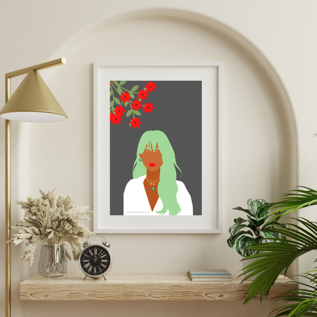 Beautiful Black Woman wall art print in white green tones. Modern print for any room decor