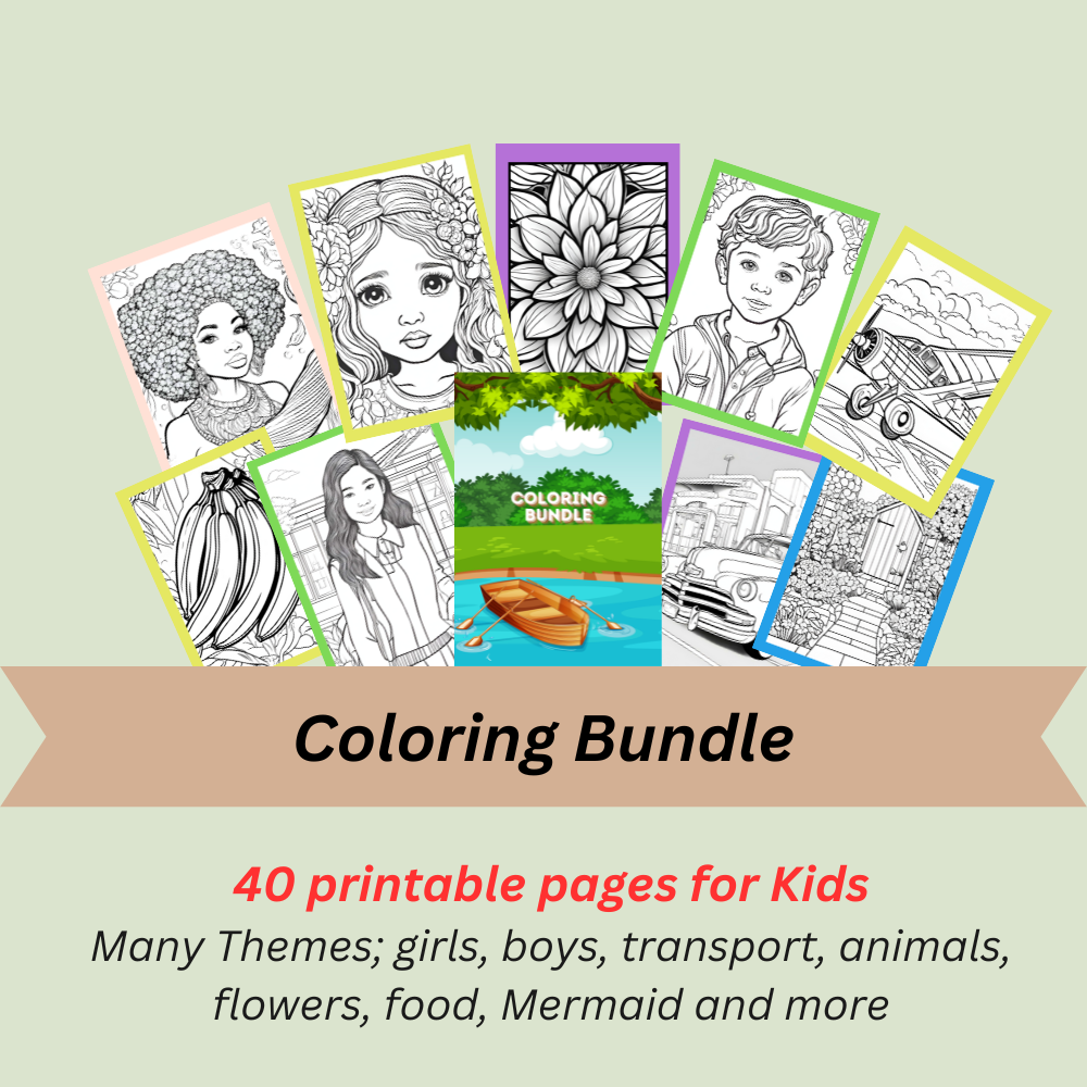 40 printable coloring bundle with many themes; boys, girls, transport, flowers and more