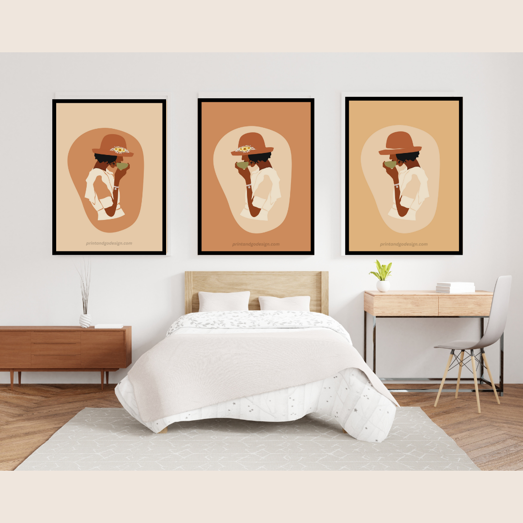 Beautiful Black Woman wall art print - set of 3- in brown beige tones. Modern print for any room decor