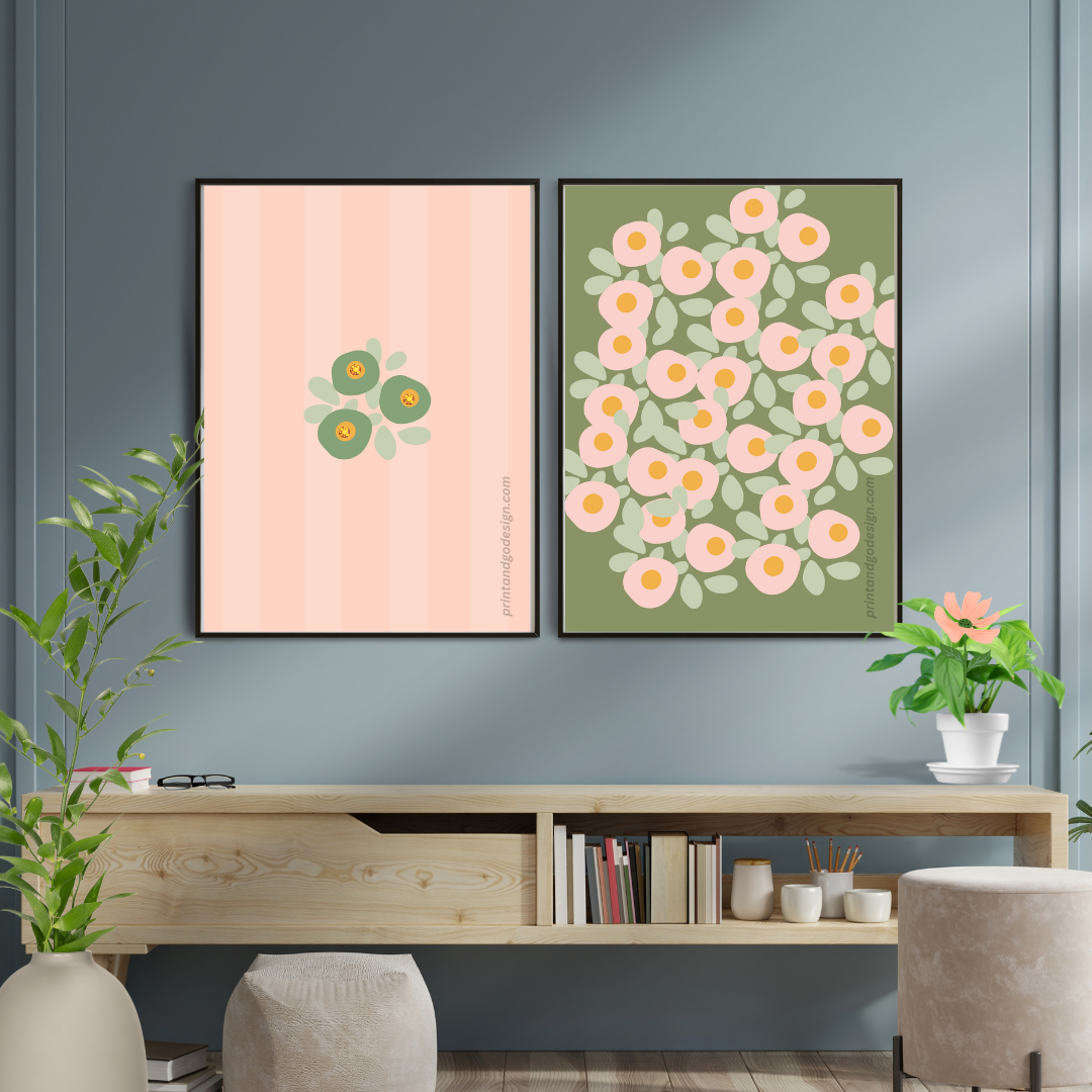 Printable flower wall art in green brown tones in a Vase. Modern print for any room decor.