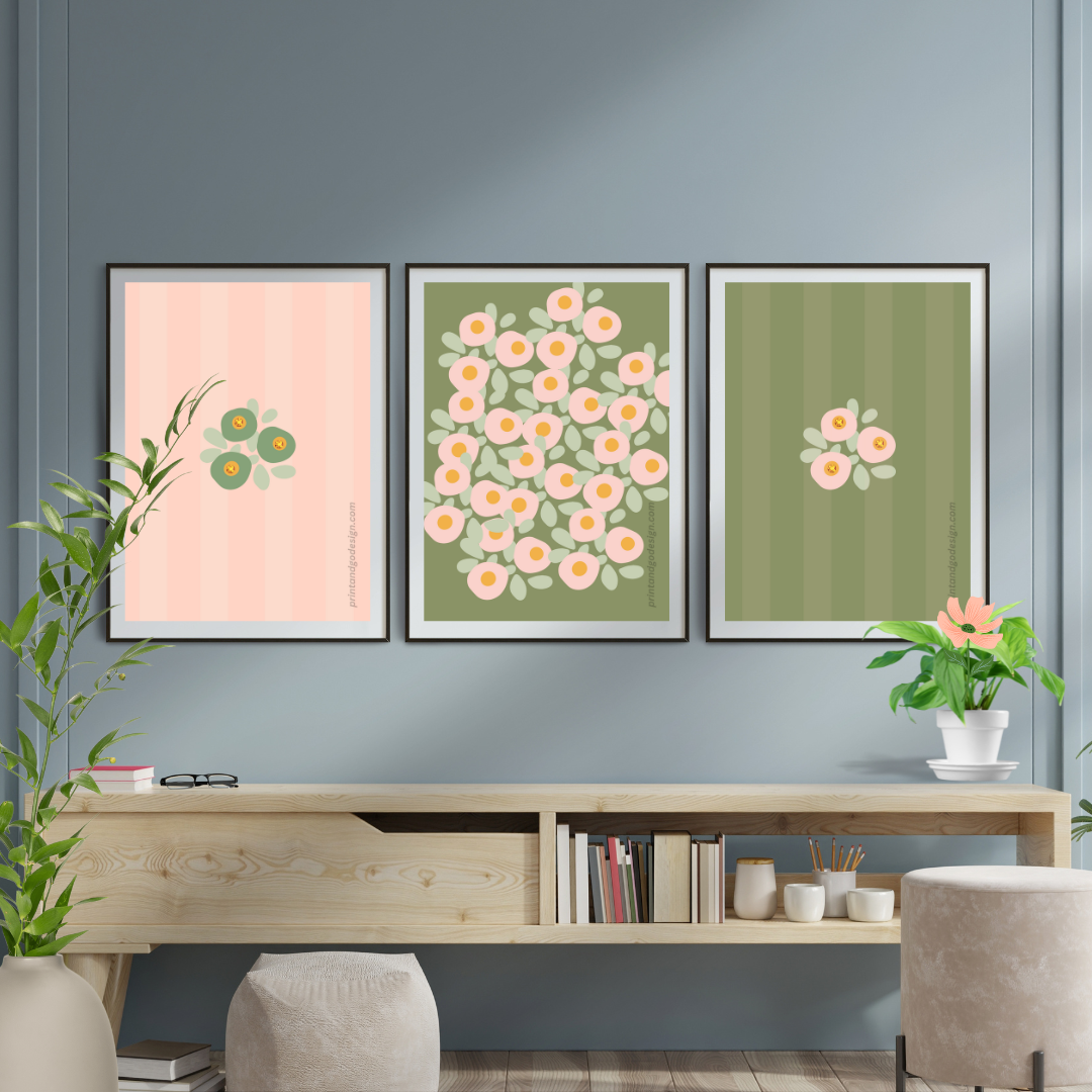 Printable flower wall art in pink green tones. Modern print for any room decor.