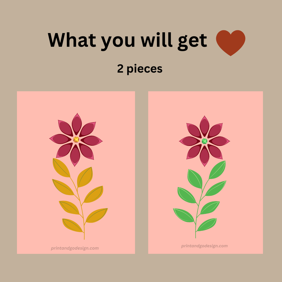 Printable flower wall art in yellow red green tones. Modern print for any room decor.