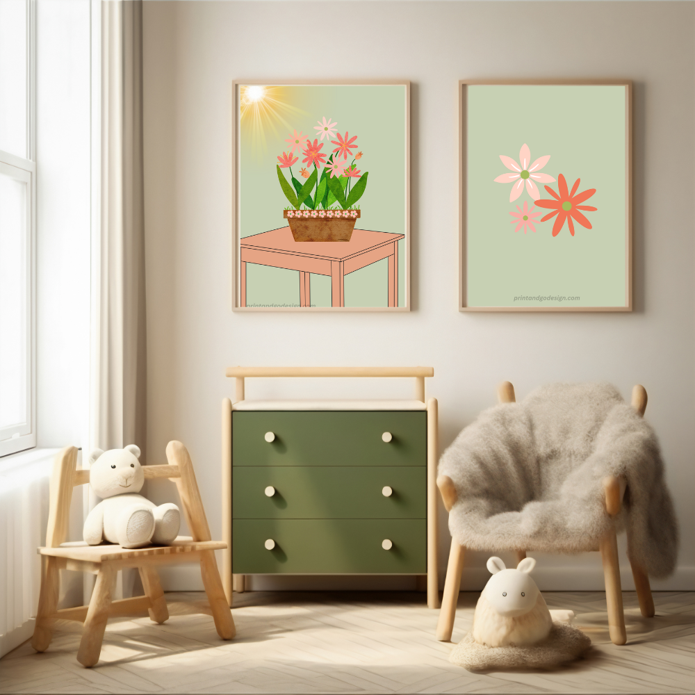 Printable flower wall art - set of 2- in green pink tones. Modern print for any room decor.