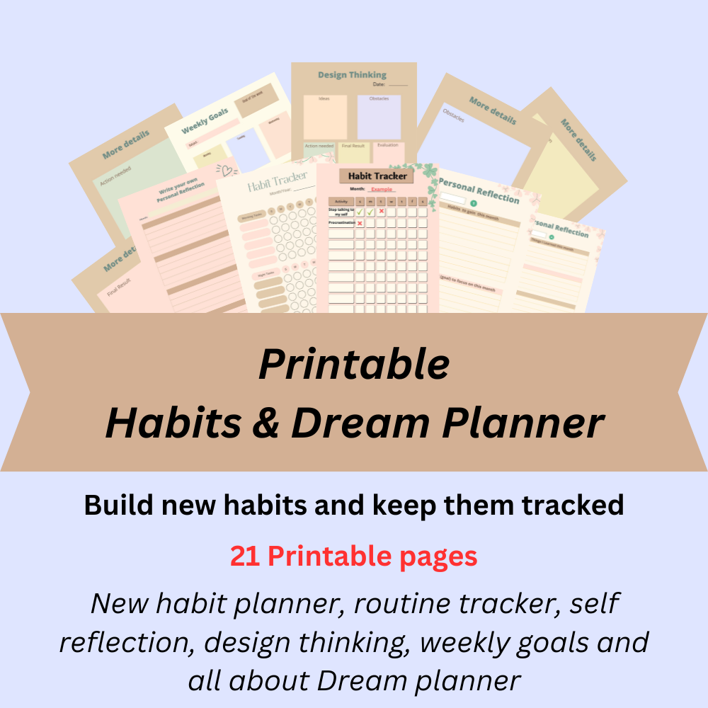 21 printable habits & dream planner to build and track your habits, self- reflection and all about dream tracking