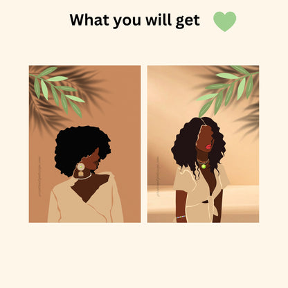 SET OF 2 | Black Woman Wall Art Prints | Melanin Fashion Illustration Set | Contemporary Boho Decor