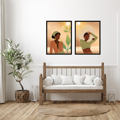 Bundle OF 2 | Melanin Wall Art Set | African American Woman Chic Illustration | Modern Boho Home Decor