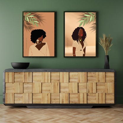 SET OF 2 | Black Woman Wall Art Prints | Melanin Fashion Illustration Set | Contemporary Boho Decor