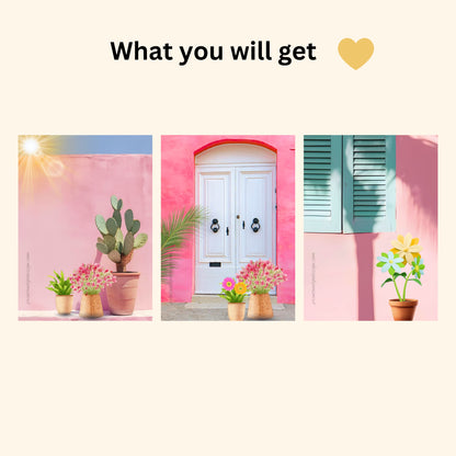 Pink Floral Wall Art Set of 3 | Mediterranean Door & Cactus Prints | Feminine Botanical Gallery Wall | Modern Printable Decor | Instant Download