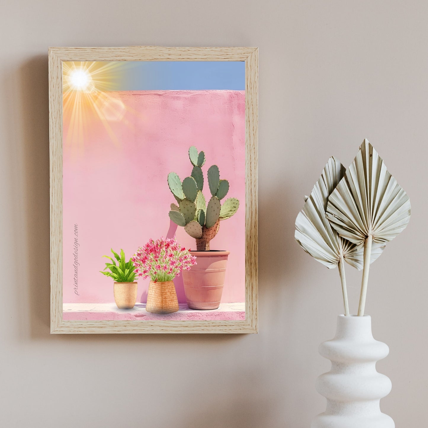Pink Floral Wall Art Set of 3 | Mediterranean Door & Cactus Prints | Feminine Botanical Gallery Wall | Modern Printable Decor | Instant Download