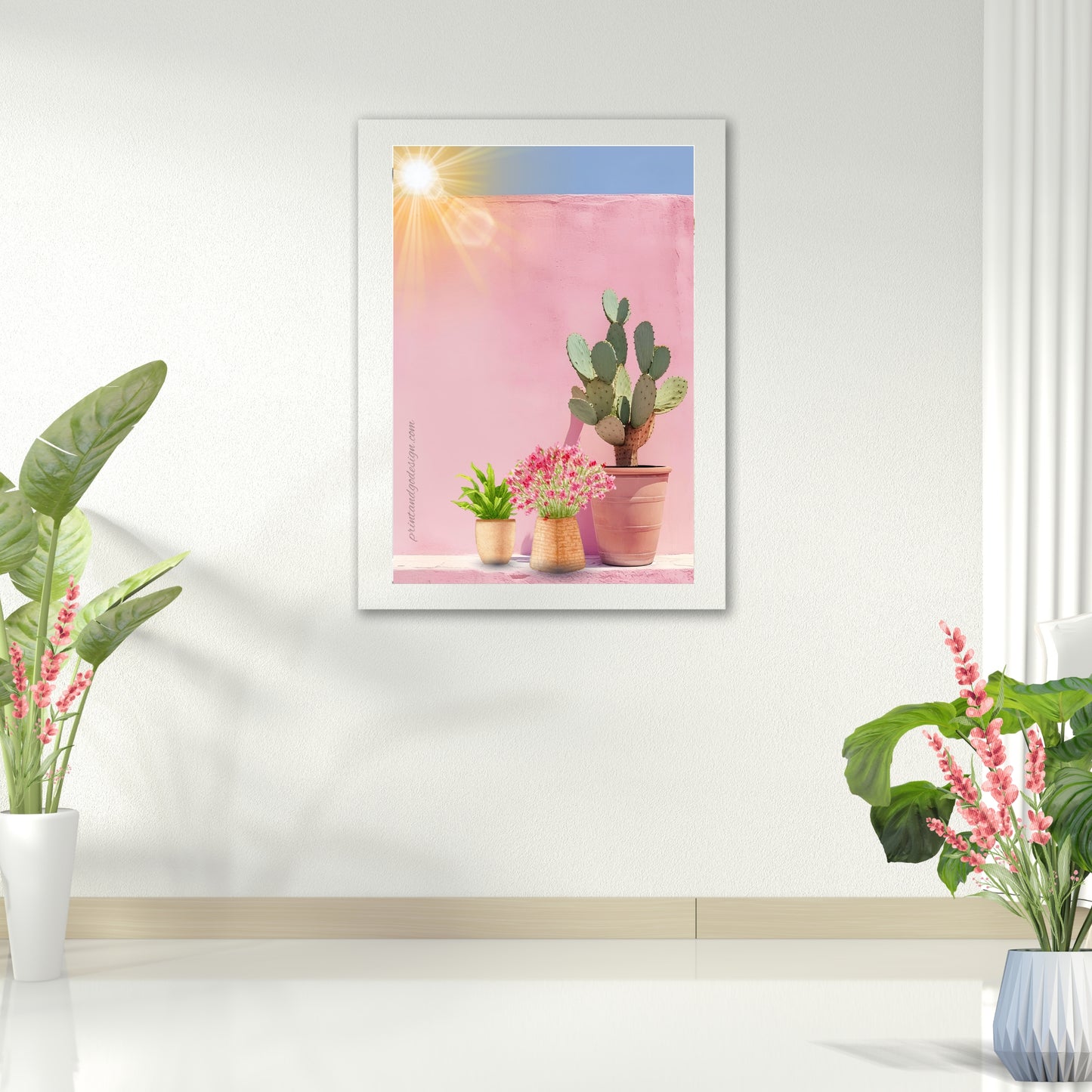 Pink Floral Wall Art Set of 3 | Mediterranean Door & Cactus Prints | Feminine Botanical Gallery Wall | Modern Printable Decor | Instant Download