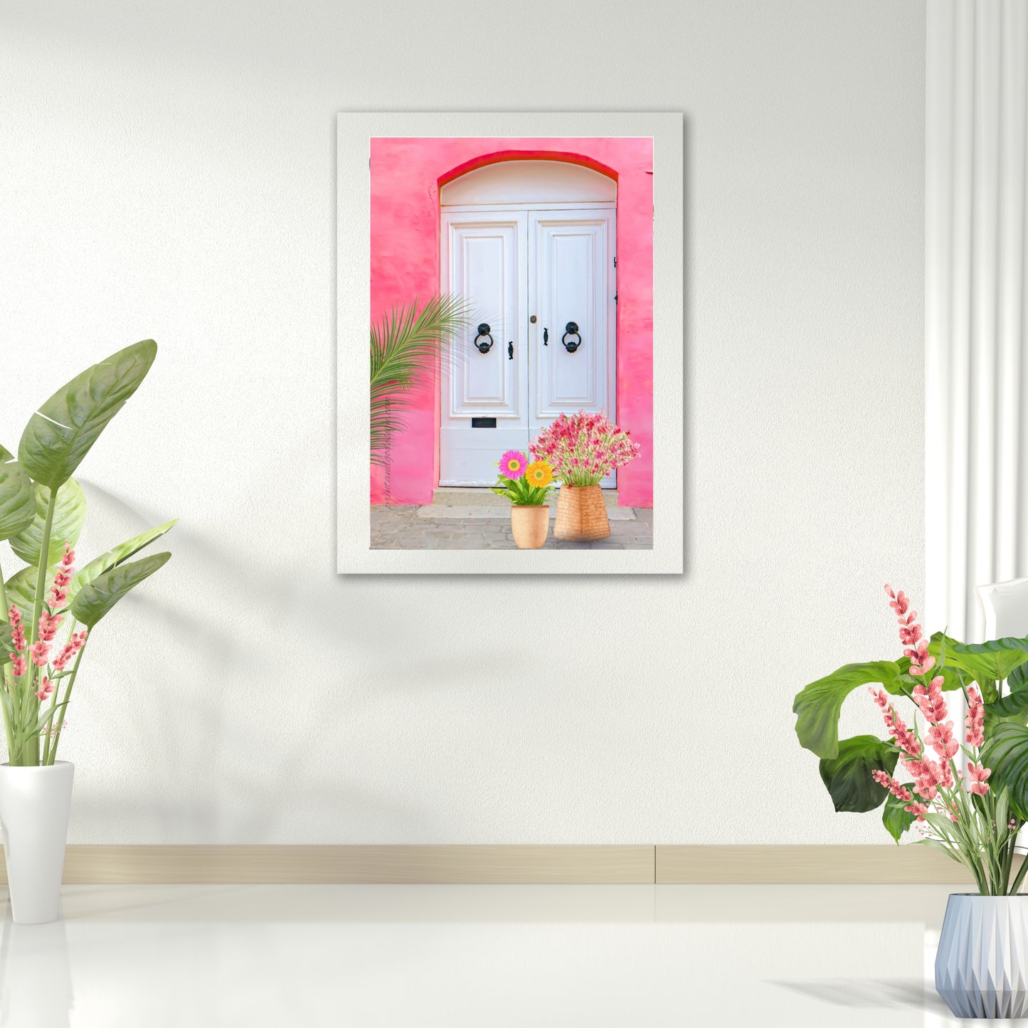 Pink Floral Wall Art Set of 3 | Mediterranean Door & Cactus Prints | Feminine Botanical Gallery Wall | Modern Printable Decor | Instant Download