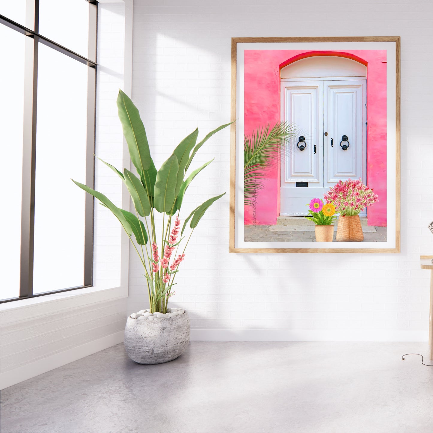 Pink Floral Wall Art Set of 3 | Mediterranean Door & Cactus Prints | Feminine Botanical Gallery Wall | Modern Printable Decor | Instant Download