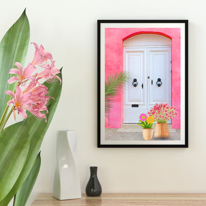 Pink Floral Wall Art Set of 3 | Mediterranean Door & Cactus Prints | Feminine Botanical Gallery Wall | Modern Printable Decor | Instant Download